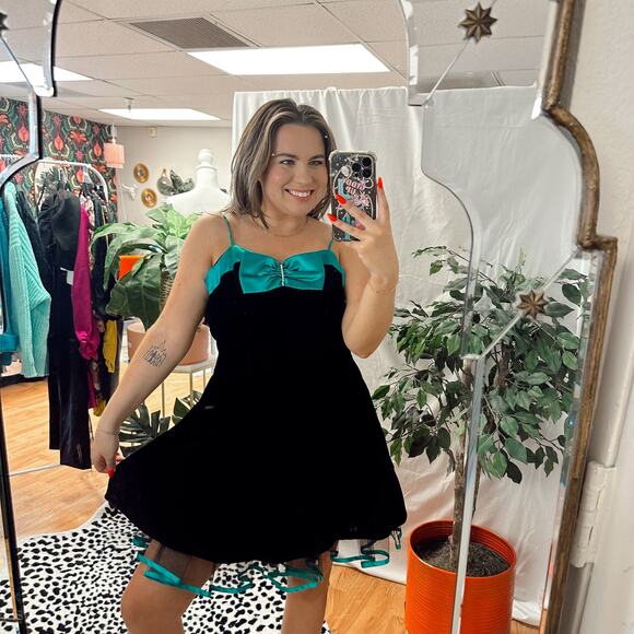 Vintage Velvet Party Cocktail Mini Dress Black green Size 5 - Picture 1 of 5